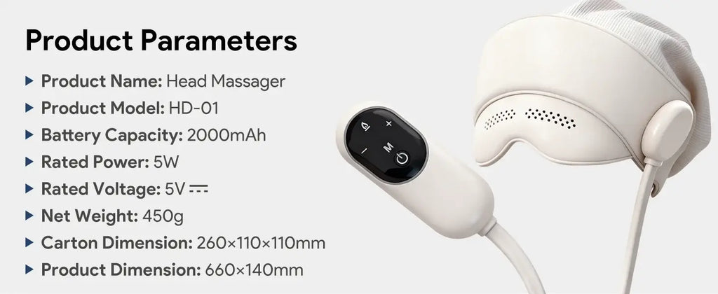 DearCocoon head and neck sleep massager with heat and airbag compression for headache relief, showing the device on a person’s head and neck.