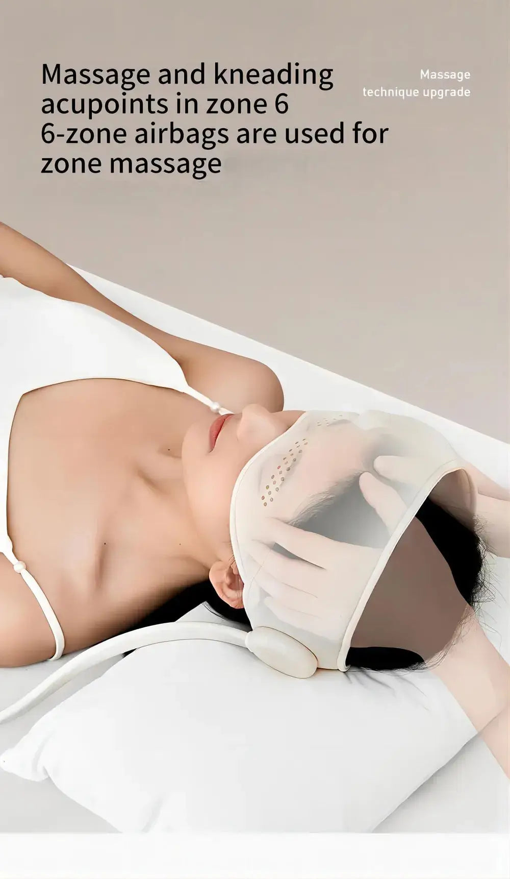 DearCocoon head and neck sleep massager with heat and airbag compression for headache relief, shown with adjustable straps and controls