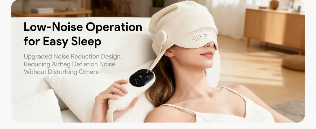 DearCocoon head and neck sleep massager with heat and airbag compression for headache relief, shown in use on a person.