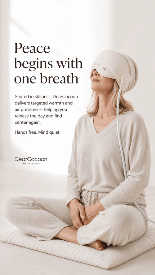 DearCocoon heated head massage device for tension relief, showing the compact head massager with adjustable settings.