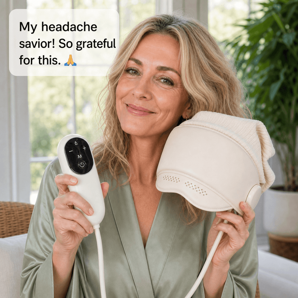 DearCocoon heated head massager relaxing tension relief, with soft massage nodes for scalp comfort and stress reduction.