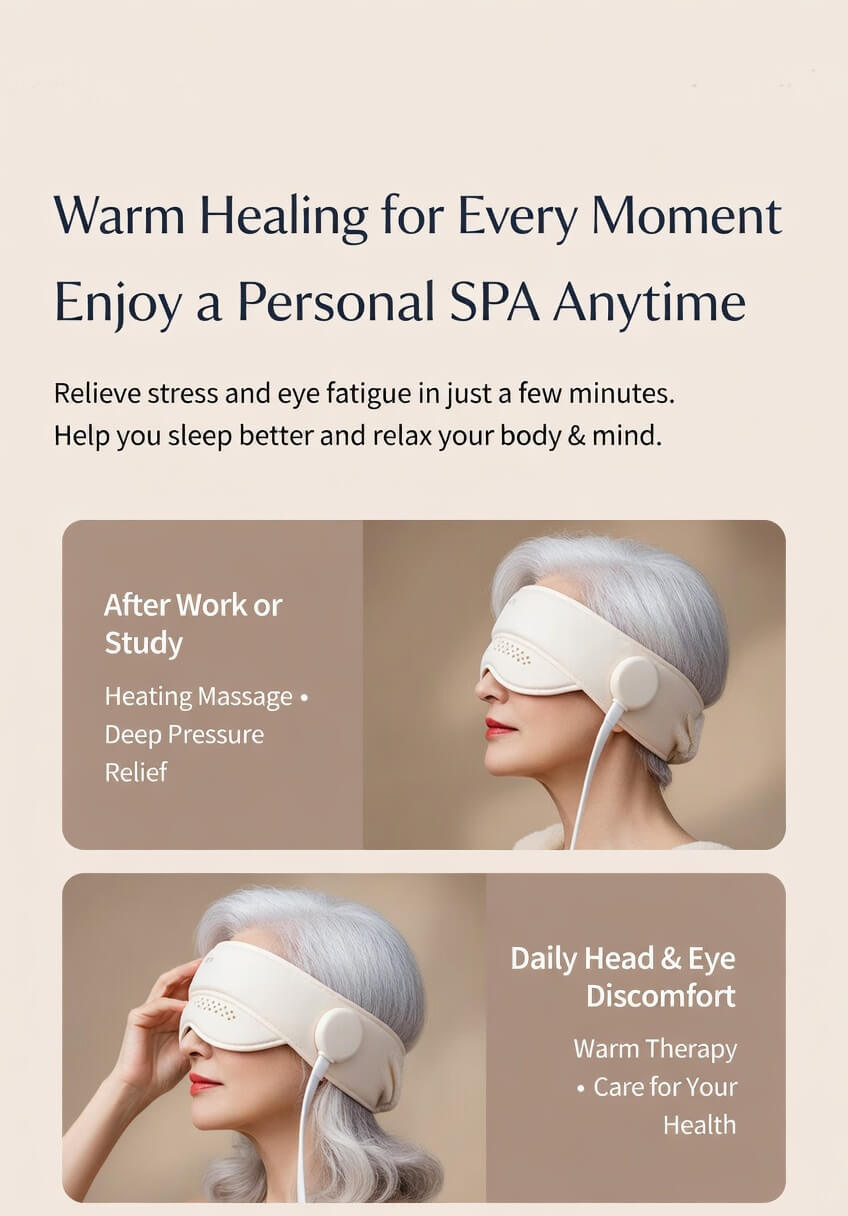 DearCocoon head and neck sleep massager with heat and airbag compression for headache relief, shown in use on the head and neck.